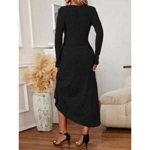 Women'<b>s</b> Long-Sleeve Button-Front <b>Blouse</b> <b>and</b> High-Waisted A-Line Long Skirt with Brushed Fabric, Two-Piece Set, 29766 - Black - Product Image 2