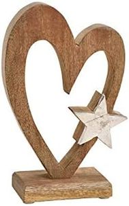 Figura Decorativa Ecológica de Corazón con Estrella de 15 cm, Madera de Mango Sólida, Color Marrón Natural, Estrellas de Metal, Aluminio Plateado, Base Decorativa en Forma de Corazón - Product Image 3