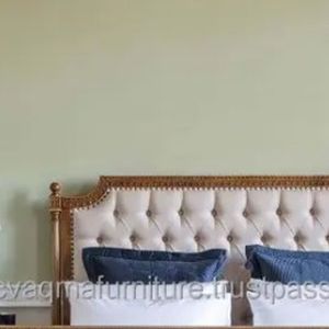 Luxury <b>Bed</b> Solid Wooden for Hotel Project Light Brown Color With Padded Headboard Leather Classic and French Furniture - Product Image 2