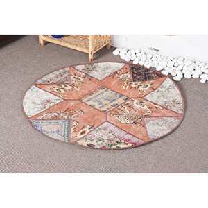 พรมหญ้าทะเลสไตล์ตุรกีสีส้มวินเทจขนาดใหญ่ทรงสี่เหลี่ยมผืนผ้า3.4 x 3.3ft ขนสัตว์เย็บปะติดปะต่อกันแบบดั้งเดิมสำหรับโถงทางเดินของห้องวัยรุ่น - Product Image 3