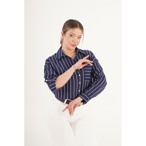 LUSTRIN Women's Draped Double Striped Indigo Wholesale Shirt with Pockets - Comfortable Modal Blend <b>Blouse</b> for Boutiques - Product Image 1