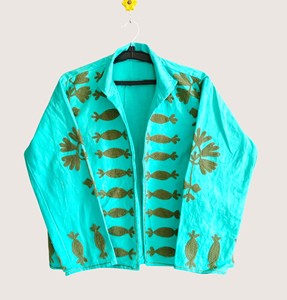 Manteau décontracté à col ouvert brodé de fleurs turquoise, manches longues, col rond, pour femmes grandes tailles, vêtements d'extérieur d'hiver, style bohème, respectueux de l'environnement - Product Image 2