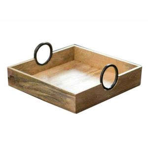 Bandeja de Servir Cuadrada Hecha a Mano de Madera de Mango con Asas Circulares de Metal, Bandeja Decorativa Rústica para Mesa de Centro, para Decoración del Hogar - Product Image 1