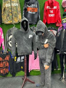 Ensemble de survêtement personnalisé pour hommes, poids lourd, vintage, délavé à l'acide, grande taille, sweat-shirt uni, pantalon de survêtement à capuche brodé de strass - Product Image 5