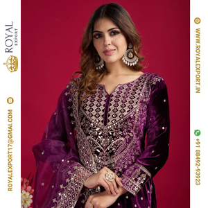 Présentant le velours de viscose lourd exclusif avec le fabricant de collections de costumes de broderie lourde par Royal Export à Surat Gujarat - Product Image 3