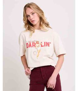 T-shirt femme en coton/polyester, manches courtes, col rond côtelé, imprimé graphique sur le devant, ample, décontracté, écologique, streetwear d'été - Product Image 1