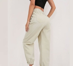 Women High Waist Beige Harem <b>Pants</b> Full Length Drawstring Closure Loose Fit Casual Solid Color Cotton Canvas <b>Pants</b> - Product Image 2