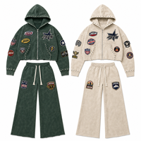 Ensemble deux pièces pour homme : sweat à capuche et pantalon de survêtement en coton épais délavé à l'acide, avec logo brodé personnalisé et strass