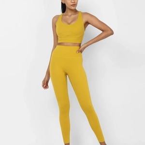 <b>Women</b> Yoga Set Solid Yellow Racerback <b>Crop</b> Top High Waist Full Length <b>Leggings</b> Seamless Spandex Polyester 2 Piece Set - Product Image 1