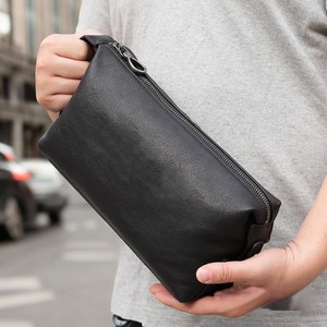 Genuine Leather Toiletry Case <b>Medium</b> Size Zipper Closure Portable Soft Handle Classic Style Black Cosmetic Bag - Product Image 3