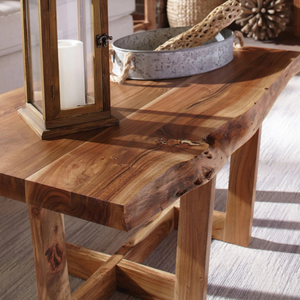 Table à manger rectangulaire en bois de suar massif avec plateau en dalle épaisse et base géométrique moderne, durable pour l'hôtellerie et les villas - Product Image 5