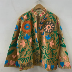 Handmade Velvet Suzani Winter Jacket Bohemian Embroidered Coat Uzbek Kimono Statement Festival Boho Chic Outerwear Stand Front - Product Image 1