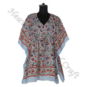 Nueva llegada 2024 indio bloque de mano estampado Kaftan Robe KFCS132 algodón verano vestido Kimono mujer XL ajuste suelto vacaciones corto ODM - Product Image 6