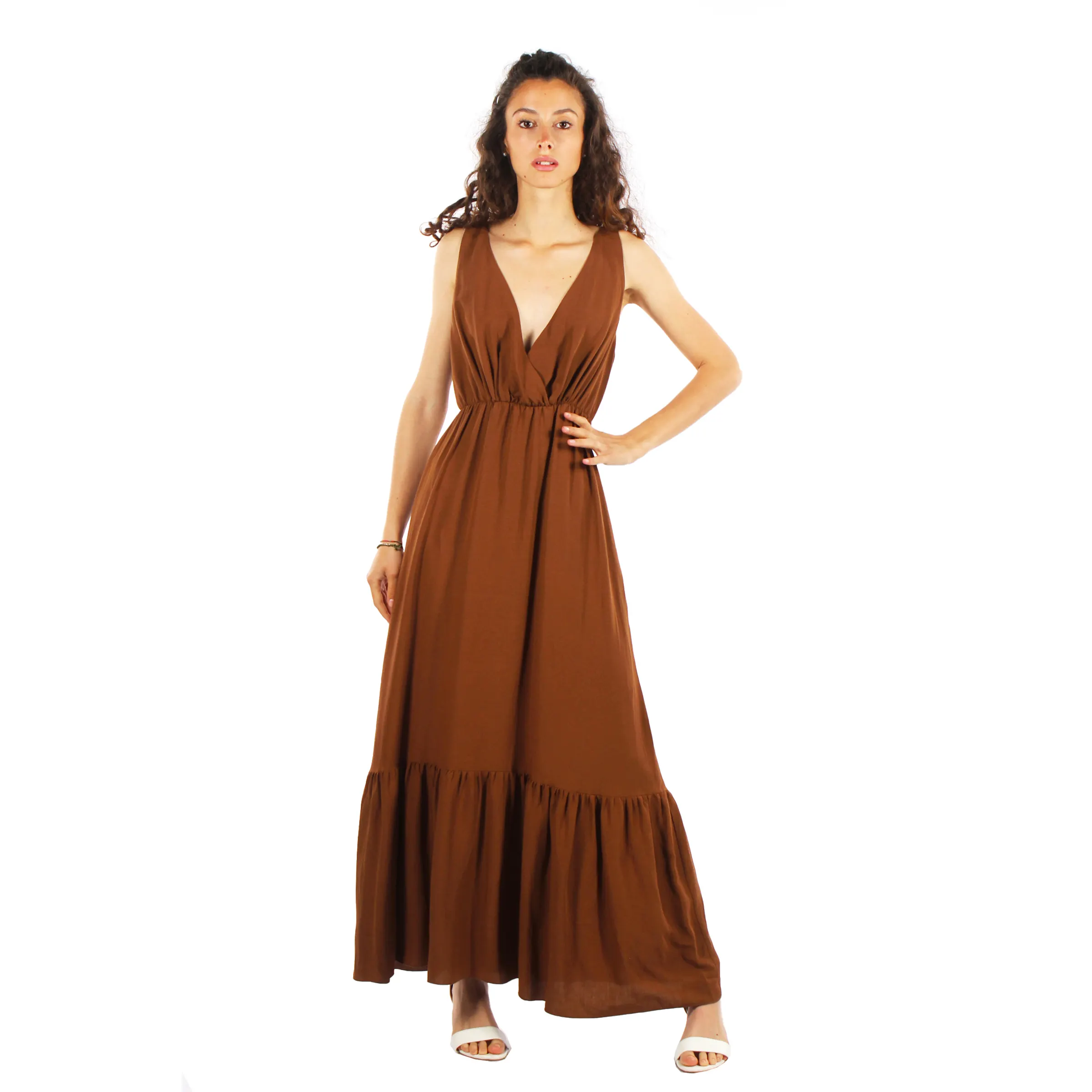 Elegantes langes Kleid V-Ausschnitt ärmel los mit flowy Rüschen Erdton Viskose Leinen für einen raffinierten Look Größe klein