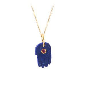 Collier pendentif main Lapis Lazuli Fatima naturel avec pierre précieuse rubis plaqué or lunette incrustation produit en vrac - Product Image 5