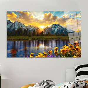 Lienzo Impreso: Decoración para el Hogar con Vista de Montaña, Atardecer y Flores Silvestres, ARTE EN VIDRIO TEMPLADO - Product Image 1
