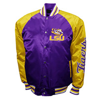 LSU Tiger Purple Satin Baseball Bomber Jacket Stand Collar Winter College Letterman Embroidered Jacket avec service OEM