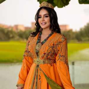 Caftán marroquí naranja y verde oliva hecho a mano para niñas árabes mujer vestido completo personalizado caftán - Product Image 1