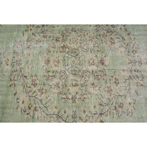 Vintage Turkish Rug Large Area 3.4 X 6.8ft Handmade Wool with Latex Backing Green Beige Patchwork Design for Hallway or Room - Product Image 5