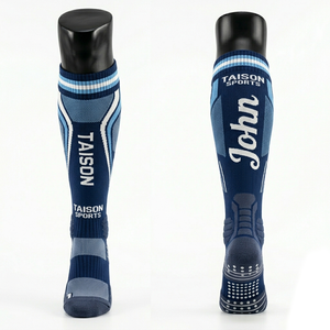 Premium 180 GSM Breathable Polyester Nylon Blend Men Soccer <b>Sports</b> <b>Socks</b> <b>White</b> Navy Compression Panels Custom Knit Logo - Product Image 5