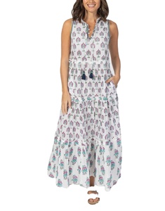 Hermoso Vestido Maxi de Algodón con Cuello en V y Corte en A, Diseño Floral Estampado a Mano, Adorno de Ganchillo con Hilo Lurex, Volantes y Cierre de Botones - Product Image 1