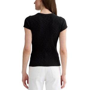 Nouveau T-shirt décontracté pour femme, col rond, coupe ajustée, manches courtes, en maille côtelée 100% coton respirant, teint uni, confortable, collection été - Product Image 5