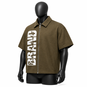 Custom Men’s Oversized Zipper Shirt Short Sleeve Boxy Fit Streetwear <b>Large</b> Logo Print Casual Shirt OEM Wholesale - Product Image 3