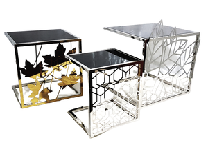 Tableaux imbriqués modernes d'acier inoxydable dans des revêtements de PVD d'or avec l'option supérieure en verre et de marbre disponible dans des tailles et des finitions faites sur commande. - Product Image 5