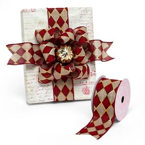Holiday Harlequin Floral Print Faux Linen <b>Wired</b> <b>Ribbon</b> for Christmas Birthday Halloween Gift Wrapping Made Grosgrain Polyester - Product Image 1