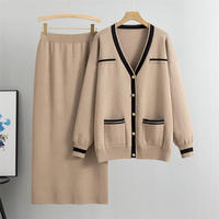 Ensemble 2 pièces en tricot chaud pour femmes, motif uni, cardigan mi-long et jupe en maille