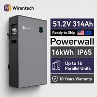 Batterie murale LiFePO4 51,2 V 314 Ah, système de stockage d'énergie domestique 16 kWh, IP65, décharge 300 A, surveillance par application, écran tactile