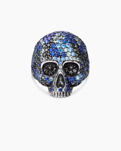 แหวนหัวกะโหลก Memento Mori สำหรับผู้ชาย เครื่องประดับแฟชั่น แหวนเงินแท้ 925 ชุบ ประดับเพชรสีน้ำเงินและสีเหลือง - Product Image 4
