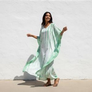 Caftán Verde Tie Dye para Mujer, Largo hasta el Suelo, Cuello en V, Corte Holgado, Cintura Natural, Estilo Casual Boho, Ropa de Verano para Vacaciones - Product Image 2