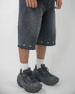 Custom Vintage Acid Wash Solid Rhinestone Casual Straight Leg Baggy Men Denim 100% Cotton Quick Dry <b>Mid</b> Waist Black Shorts - Product Image 4