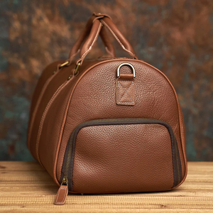 Bolsa de Viaje de Cuero Genuino, Plegable, Ligera, Gran Capacidad, Cierre de Cremallera, Resistente, Color Marrón - Product Image 1