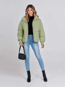Veste courte en jean rembourrée pour femme, vert clair, automne, hiver, chaude, bouton unique, vêtement d'extérieur, doudoune épaisse, décontractée, temps froid - Product Image 5