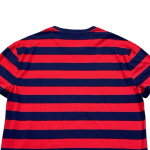 Camiseta de manga corta de algodón puro con cuello redondo y bolsillo en el pecho a rayas azules y rojas para hombre - Product Image 5