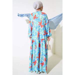 Vestido casual azul con diseño de patrón mixto de botón frontal de media tapeta - Product Image 2