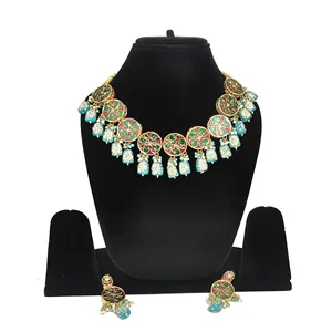 Blue Kundan Necklace Set with Gold Plated <b>Earrings</b> Luxury Fine Jewelry for Weddings Stainless Steel with <b>Studded</b> Beads - Product Image 3