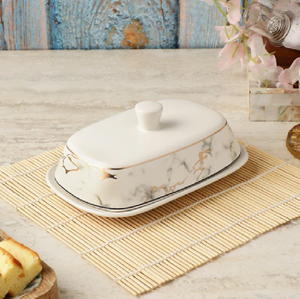 Mantequillera de cerámica con diseño geométrico colorido y perilla naranja, disponible a precios de mayoreo, mantequillera de cerámica. - Product Image 3