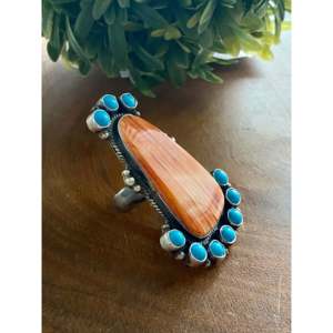 Dean Brown Size 8.75 Sterling Silver <b>Ring</b> with Spiny Oyster & Kingman <b>Turquoise</b> Bezel Setting Inlay for Everyday Wear - Product Image 3