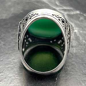 Men's Vintage Style Statement <b>Ring</b> Handmade Silver Green Agate Oval Aqeeq Gemstone Eye Shape Pattern Inlay Unique Boho Jewel for - Product Image 6