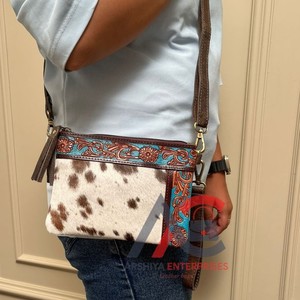 มาใหม่ล่าสุด Western รูปแบบ Cowhide หนังใหม่สไตล์กระเป๋าถือแกะสลักมือ Toled หนังพู่ Boho ผมบนซ่อนสลิงกระเป๋า - Product Image 1