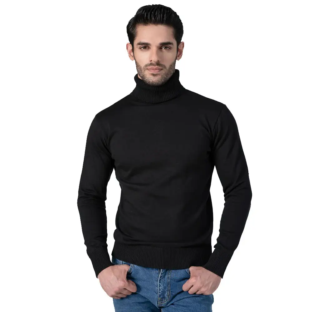 Venta caliente 2024 llegada hombres Color negro tejido cuello tortuga sudadera para la venta suéteres de cuello alto de lana Lisa personalizados