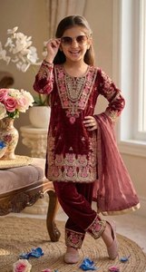 Kids Maroon Velvet Pakistani Salwar Kameez Girls <b>Eid</b> Wedding Wear Embroidered 3Pc Designer Suit With Dupatta - Product Image 3