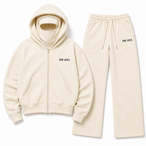 Ensemble de survêtement personnalisé ivoire avec cagoule à double capuche, sweat à capuche zippé oversize et pantalon large, style streetwear, OEM ODM, marque privée, taille XL - Product Image 1
