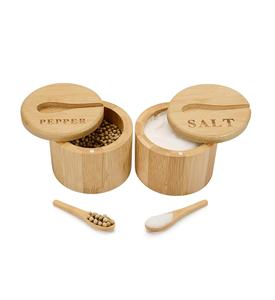 2pcs <b>Bamboo</b> Salt and Pepper Bowls Cellar with Magnetic Swivel Lid <b>Containers</b> Serving Spoons Box Engraved for Salt Pepper - Product Image 1