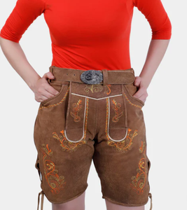 กางเกงขาสั้นหนังแพะแท้แท้แท้ของผู้หญิงหนังนิ่มแบบหนังเรียบมีกระเป๋าด้านหน้าปักลาย - Product Image 5