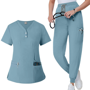 Barato poliéster cuello en V Split logotipo personalizado uniformes de hospital uniformes médicos trajes enfermera Scrub uniforme conjunto - Product Image 1