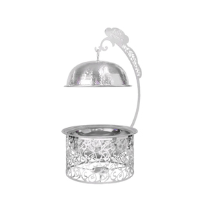 Plat chauffant rond en acier inoxydable argenté de luxe avec support orné, chauffe-plats pour restaurant et maison, chauffe-plats en vente - Product Image 1